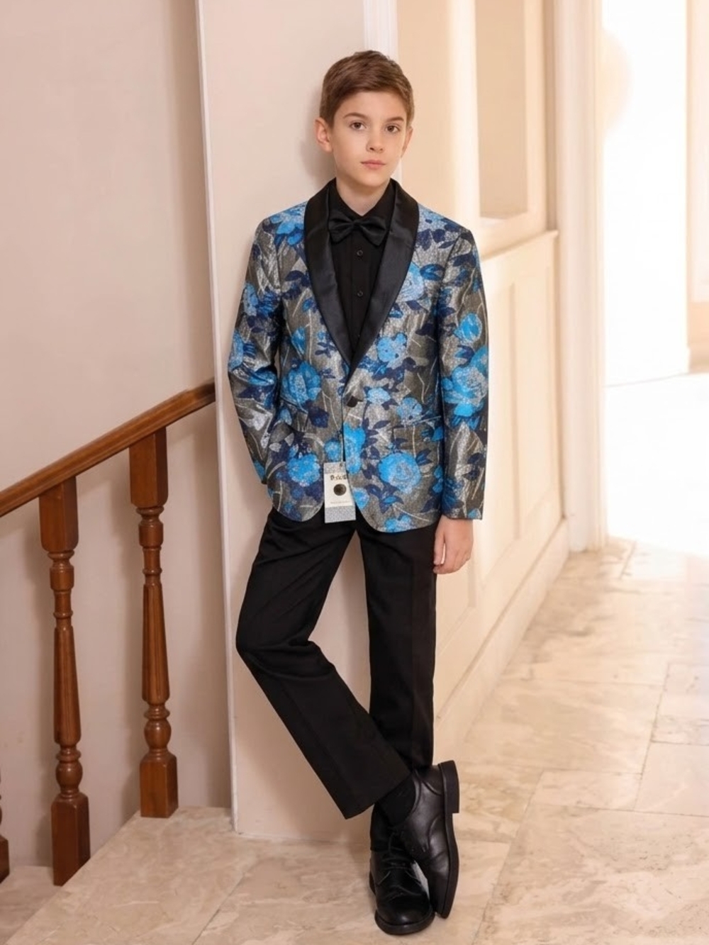 Boys Blue Floral Metallic Blazer with Black Satin Lapel